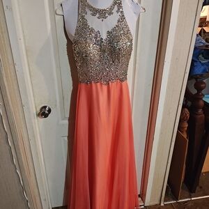 Beaded Illusion Bodice Coral Prom Gown